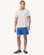 An adult wearing the Patagonia Men's Baggies Lights - Endless Blue. Adult wears Mid-Blue baggy men's shorts, and a white t-shirt on a cream background