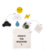 Pieces from the Moon Picnic wooden weather station scattered on a white background above a drawstring bag