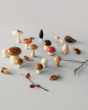 Moon Picnic plastic free wooden mushrooms laid out on a grey background next to some small branches and leaves