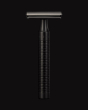 Muhle jet black stainless steel Rocca razor on a black background