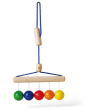 Naef's Colour Balls wooden baby rattle hanging from its string on a white background.