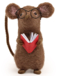 A closer view of the details on the The Makerss Needle Felt Reading Mouse. A beautifully crafted little brown mouse wearing glasses and holding a tiny red book, stood on a white background