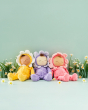 Lavender Pickle, Buttercup Pip and Fuchsia Twinkle all sat sleepily together in a patch of daisy flowers, on a light green background