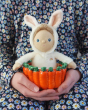 Olli Ella Dinky Dinkum Doll Fluffles - Bobbin Bunny sat in a ceramic carrot bowl, being held by a child in a flowery dress