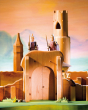 Close up of some Ostheimer toy knights stood on top the small world castle gates toy set