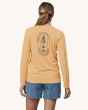 Patagonia Women's Long-Sleeved Capilene Cool Daily Graphic Shirt - Clean Climb Bloom / Sandy Melon X-Dye with a pink flower with green leaves inside of a carabiner logo, on the back of the top