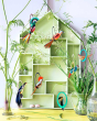 Studio Roof paradise Bird pop-out cardboard decorations hanging from potted plants in front of a green wooden house shelf