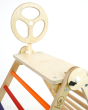 Close up of a Triclimb wooden childrens climbing frame with an arben top deck and steering wheel attachement