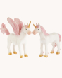 Green Rubber Toys Rainbow Unicorn & Pegasus with Pink Wings - 2 Pack. Made from Natural Rubber, with the Pegasus having glittery pink wings, mane, tail and golden hooves and horn. The Unicorn has a glittery pink mane, tail and golden hooves and horn. On a