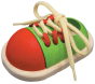 This red and green wooden shoe toy by Plan Toys is a great little toy for teaching your child how to tie their shoe laces. White background.