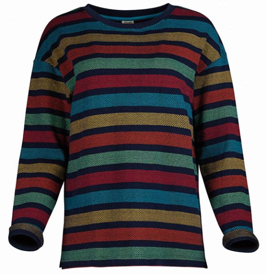 adults long sleeve dede top with the alternating indigo, green, red, yellow and blue stripes from frugi