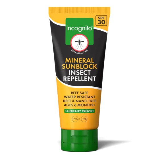 Incognito Suncream Insect Repellent SPF 30 in a 100ml tube pictured on a plain background