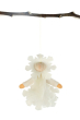 Back of the Ambrosius handmade white snow crystal Christmas decoration, hanging from a wooden stick on a white background