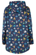 Frugi April Showers rain mac for adults in indigo with rainbow birds all over