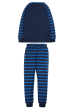 back of blue striped organic cotton 2-part PJs set for children with a bold boat applique on long sleeve top from frugi