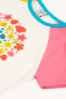 A closer look at the colourful rainbow flower blooms, and pink sleeve on the Frugi Children's Organic Cotton Nyomi Raglan T-Shirt - Rainbow.