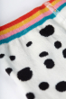 Close up of the rainbow coloured waistband on the Frugi Dalmatian Spot Norah Tights 