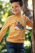 Frugi breton stripe bumblebee yellow Avery top with dusk walk hedgehog and snail applique worn by child