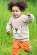 Child wearing a Frugi Twig The National Trust Easy on Ted Fleece Jumper with orange striped trousers