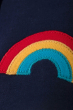 Close up of the rainbow knee appliques on the Frugi Indigo Rainbow Switch Character Crawlers