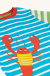 A closer view of the Frugi Children's Organic Cotton Hotchpotch Applique T-Shirt - Lobster. A colourful multi stripe Frugi T-Shirt for children, made from organic cotton and features a playful Lobster applique on the front