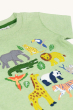 A closer look at the animal applique details and shoulder poppers on the Frugi Organic Little Creature Applique T-Shirt - Kiwi Marl / Jungle. On a cream background