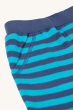 A closer view of the stripe detail and stitching on the Frugi Children Organic Cotton Ellis Shorts - Tropical Sea / Navy Stripes. A super soft organic cotton these light aqua blue and navy striped shorts have a comfy elasticated waistband and two handy po