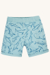 Frugi Children Organic Cotton Rocky Reversible Shorts - Stingray / Jawsome, with the Jawsoms shark outline print on a cream background