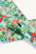 A closer view of the tropical pattern on the Frugi Children's Organic Cotton Libby Printed Leggings - Tropical Birds. A fun, tropical bird and flower print leggings on mint green fabric. On a cream background