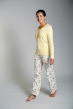 Woman modelling the Frugi Life at the farm long organic cotton pyjama bottoms for adults