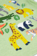 The applique animals up close showing the finer details such as colour and stitching on the Frugi Organic Little Creature Applique T-Shirt - Kiwi Marl / Jungle.