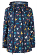 Frugi April Showers adults maternity rain mac in indigo with rainbow birds printed all over and double zip closure