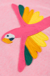 The Pink Macaw applique up close showing the colourful wings and stitching detail on the Frugi Organic Little Creature Applique T-Shirt - Pink Marl / Macaw