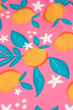 The beautiful orange blossom print up close, showing the details on the oranges, flower and leaves of the Frugi Organic Summer Skater Dress - Orange Blossom