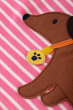 Close up of the brown dog applique on the Frugi pink breton dog Bobster Wraparound T-Shirt