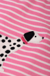 Close up of the dalmatian dog applique on the Frugi pink breton stripe dog Little Layla Dress