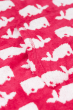 A closer view of the whale print on the Frugi Children's Organic Cotton Havana Hooded Towel - Raspberry Whales. A hot pink hooded towel with white while horizontal whale print. The inside of the towel is white with hot pink whale print, with blue piping. 