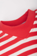 Close up of the stretchy neck opening on the Frugi Easy On Outfit - True Red Stripe/Seagull/Indigo