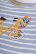 Close up of the bicycle applique on the front of the Frugi Tide blue Breton striped Bicycle Elise Applique T-Shirt