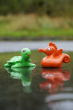 green turtle and orange red seahorse from the Green Rubber Toys Sea Friends Bath Toy Set pictured in a puddle of water outdoors