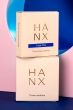 Pack of 3 Hanx normal and large condoms stacked on a blue and pink background