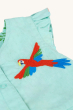A closer look at the colourful parrot applique design on the Frugi Children's Organic Cotton Etta Reversible Playsuit - Tropical Birds / Spring Dobby.