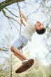 Boy swinging on the Lillgunga walnut wood disco swing from a big tree