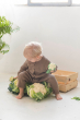 A child sitting down holding an Oli & Carol Cauliflower Rattle Teether with real cauliflowers in front of them 