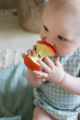 Oli & Carol Pepa the Apple natural rubber teether, being held and chewed on by a baby wearing blue gingham