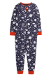 The Frugi Galaxy Nights Zelah Zip Up All In One is an indigo blue organic cotton onesie for children with a space print all over, red trim and stretchy cuffs. White background.