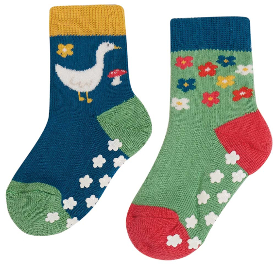 Frugi 2 pack Gripy socks in fjord green with goose print on one sock and floral print on another