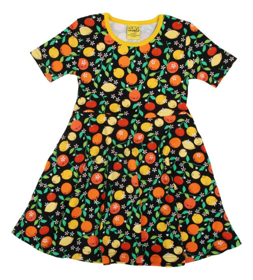 Organic cotton children short sleeve skater dress with fresh and zesty citrus print on black from DUNS