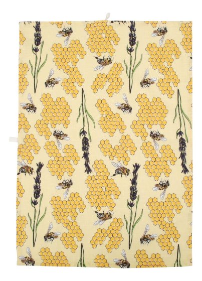 Cotton and linen blend kitchen tea towel with bees and honeycomb print from DUNS