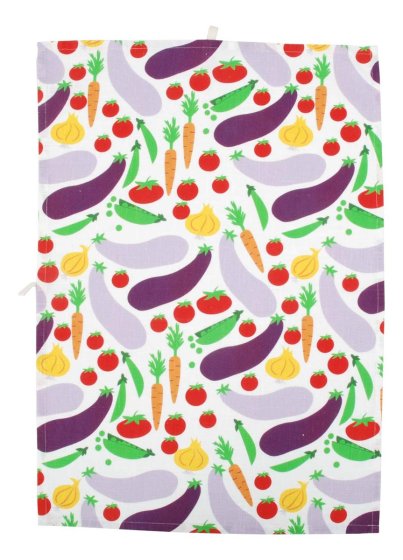 Cotton and linen blend kitchen tea towel with colourful vegetables print from DUNS